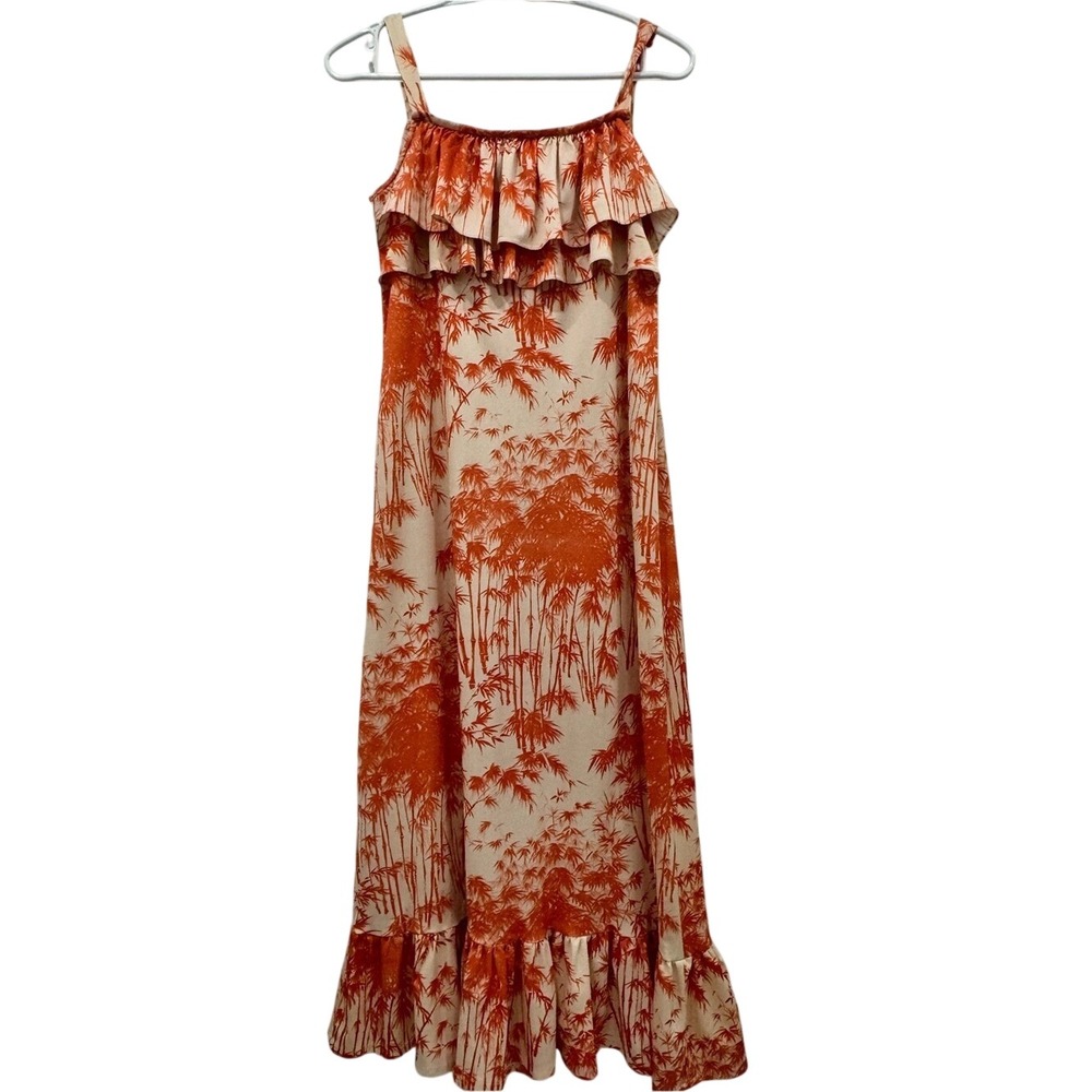 Women's Orange & Cream Tropical Bamboo Print Ruffle Maxi Dress | Summer Sundress